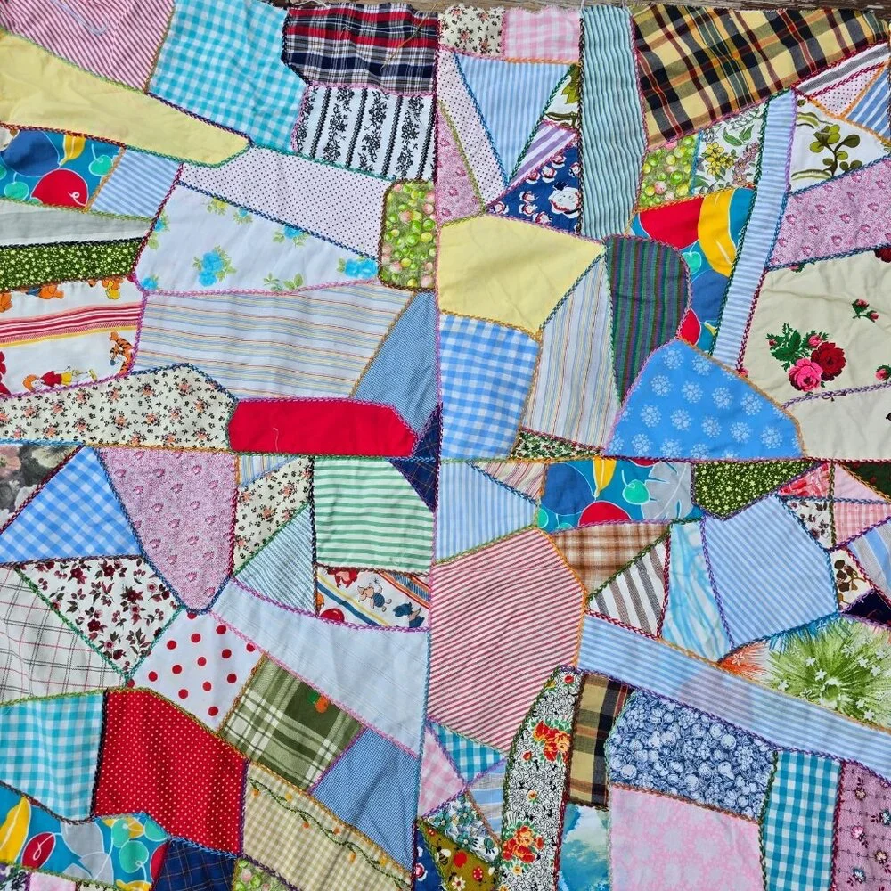 Vintage Crazy Quilt Top 1940s 50s Feedsack Patchwork Hand Embroidery 66x85